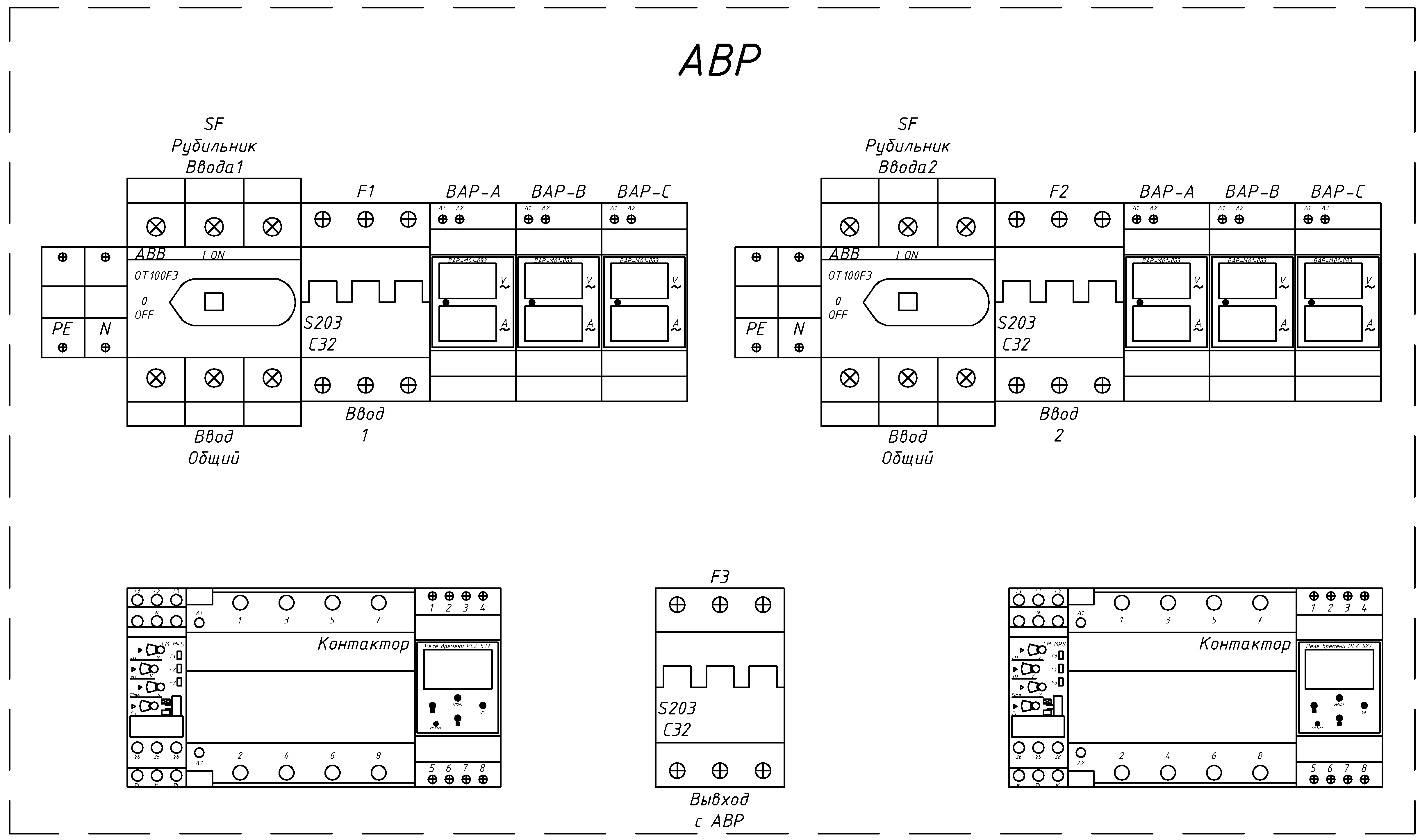 план размещения элементов АВР на монтажной панели щита электрического